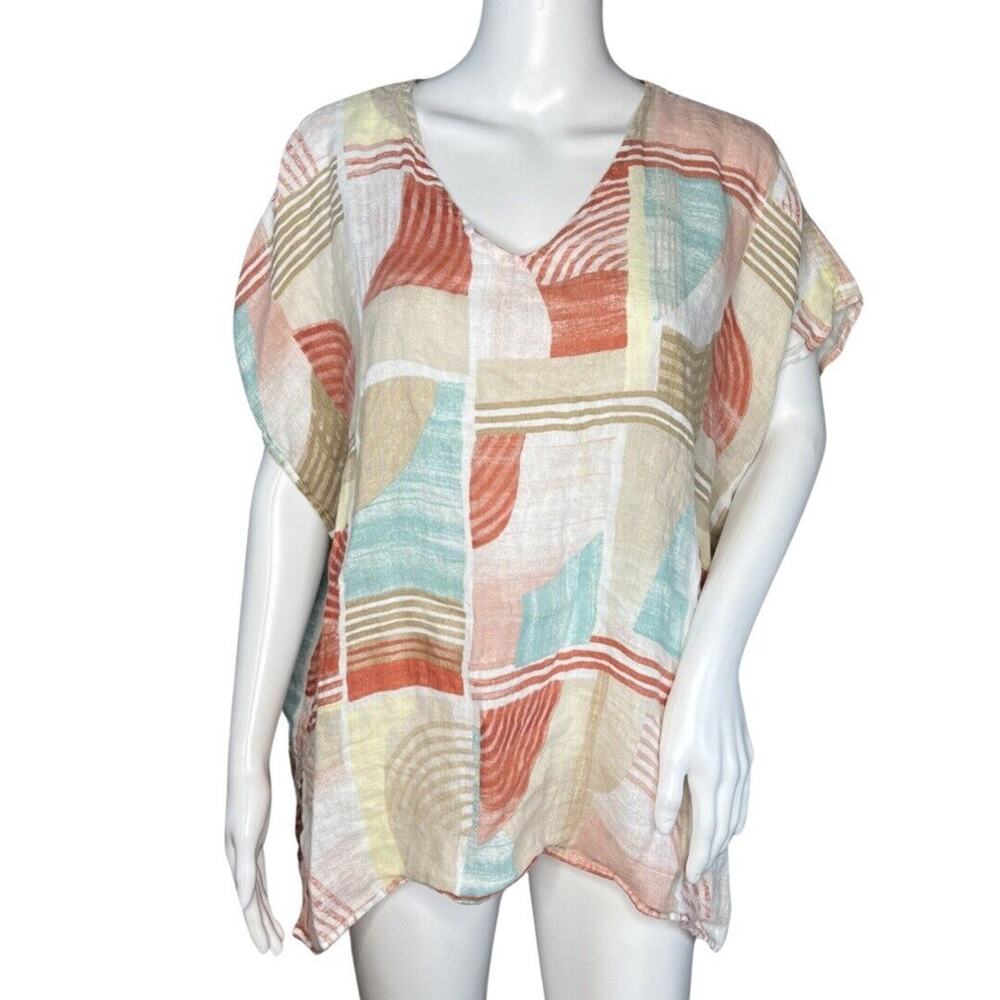 Chicos Shirt Womens Small Medium Cream Blue Tunic Top 100% Linen Boho Lagenlook